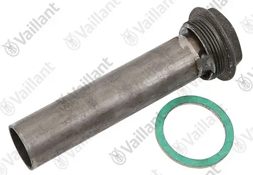 Vaillant Reduzierstück aus Metall mit einer länglichen Form und einem gewindeartigen Anschluss. Ein grüner Dichtungsring liegt daneben.